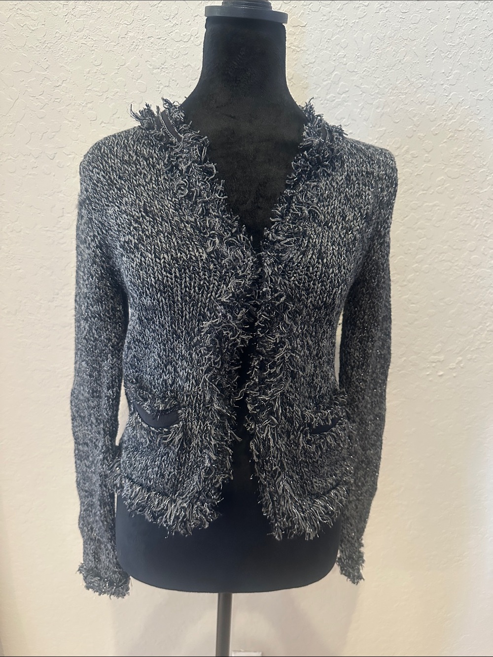 Express Black & Gray Fringed Open-Front Knit Cardigan